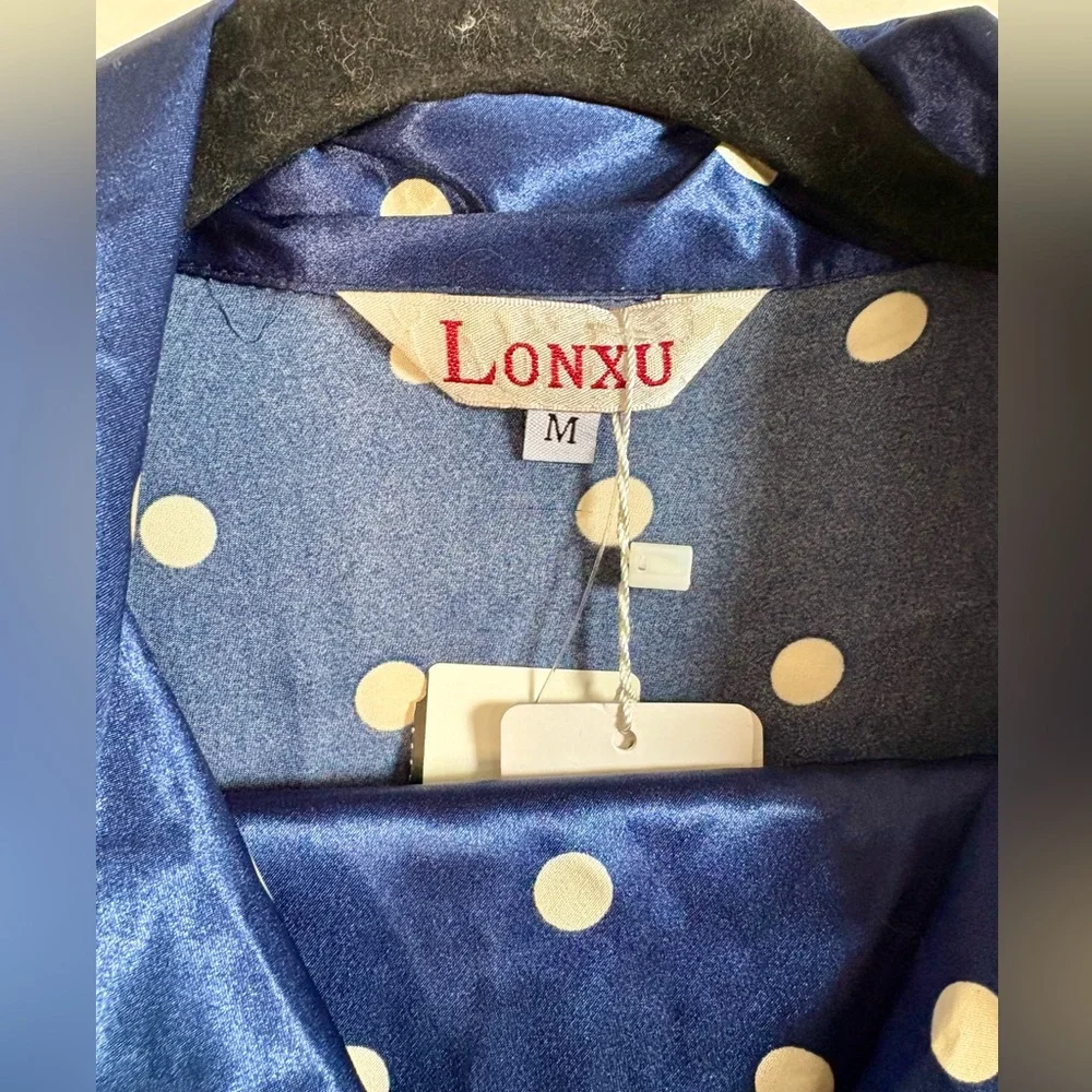 Lonxu Silk Satin Pajama Set Button Down Sleepwear Blue Polka Dot Size M NWT - Picture 2 of 4